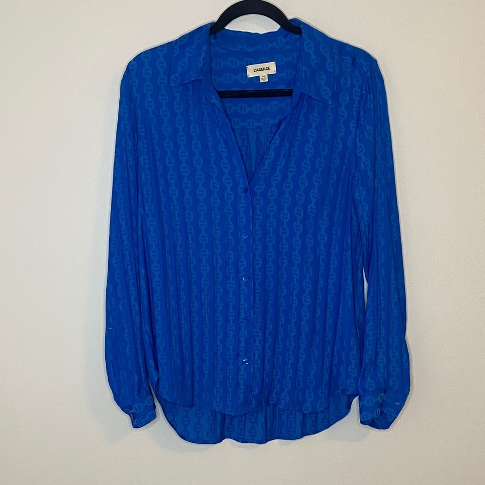 L'agence Holy Chain Link Button-Up Collared Print Long Sleeve Shirt Blue Med